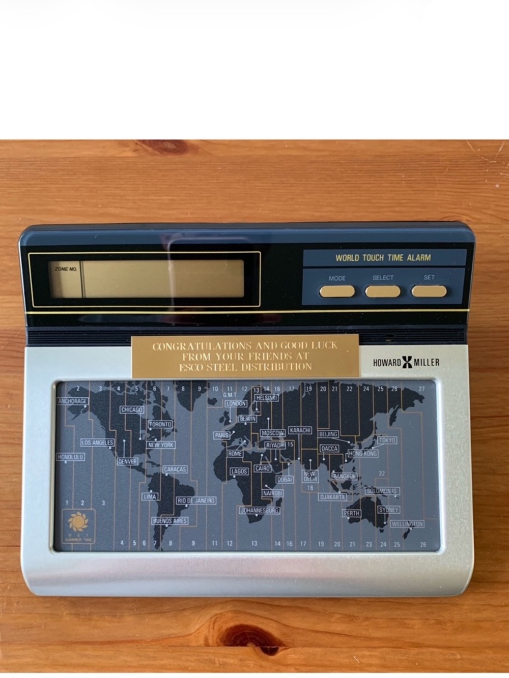 1987 Howard Miller World Touch Time Alarm Clock with original packaging